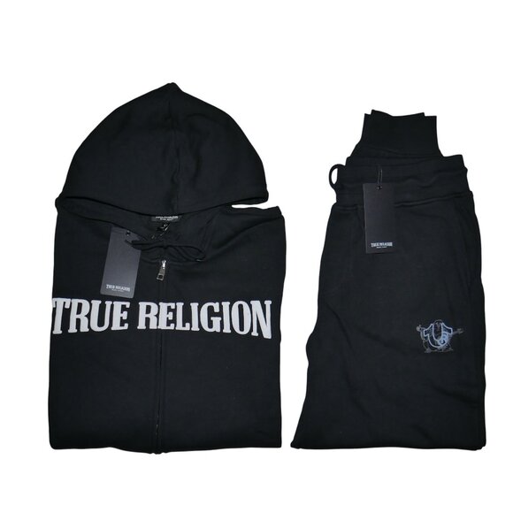 True Religion Men's Fleece Sweatsuit 2 Piece Tracksuit Matching Hoodie Joggers - Picture 12 of 13